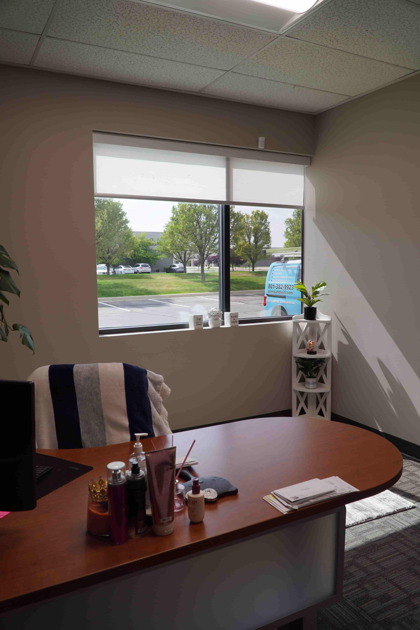 Motorized window shades professionally installed in a Utah home by Wires and Wifi, serving the Wasatch Front and Back